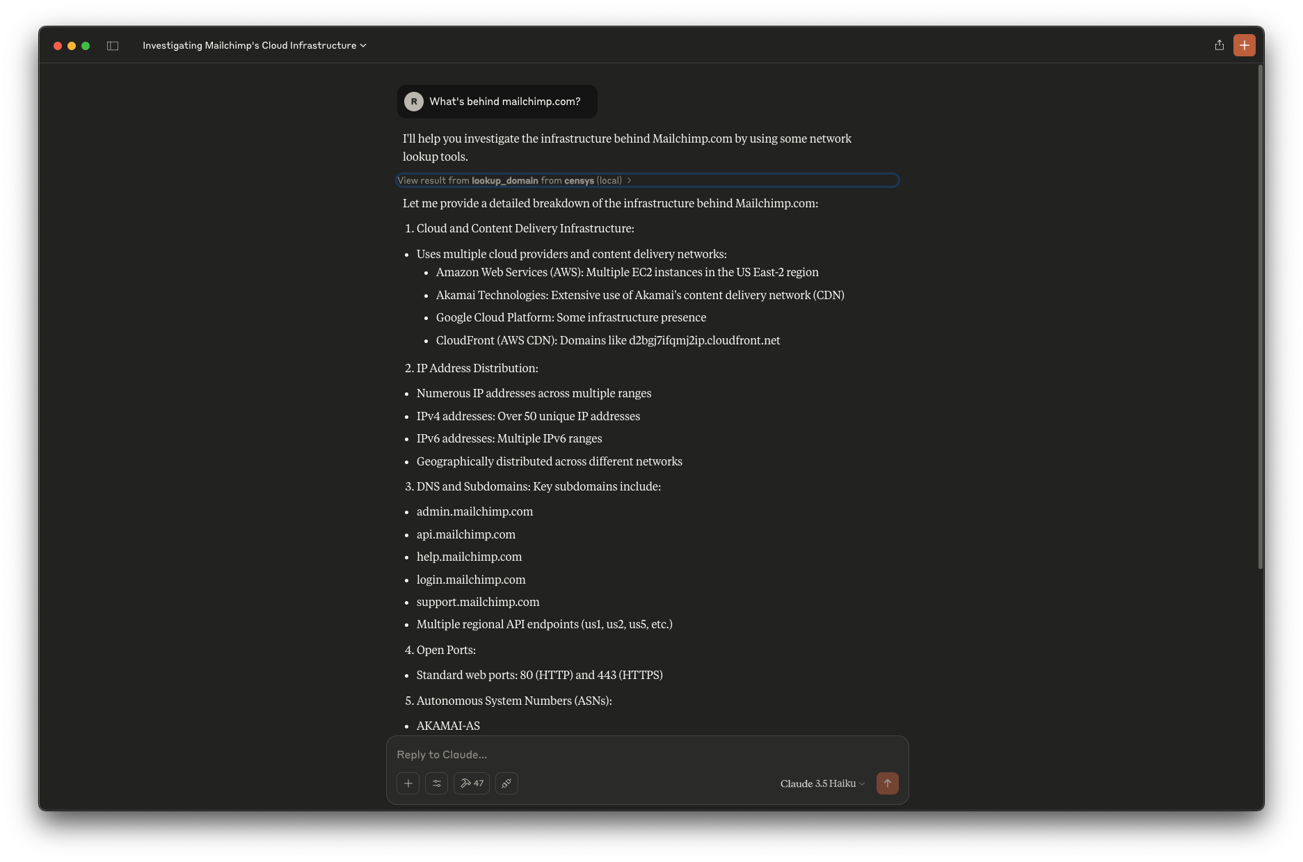 mcp-censys Screenshot - Domain/FQDN lookup