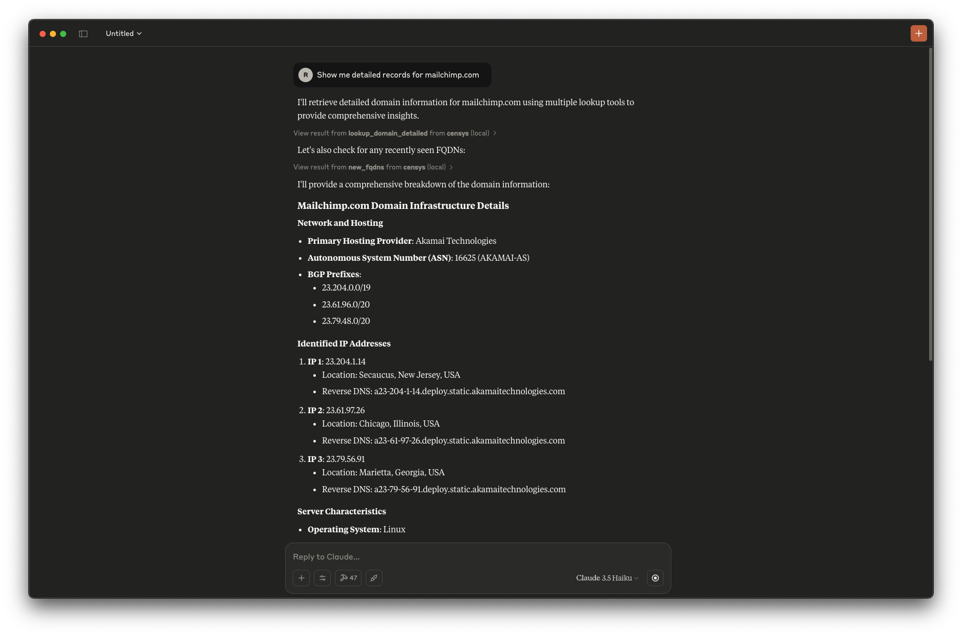 mcp-censys Screenshot - Detailed Domai lookup