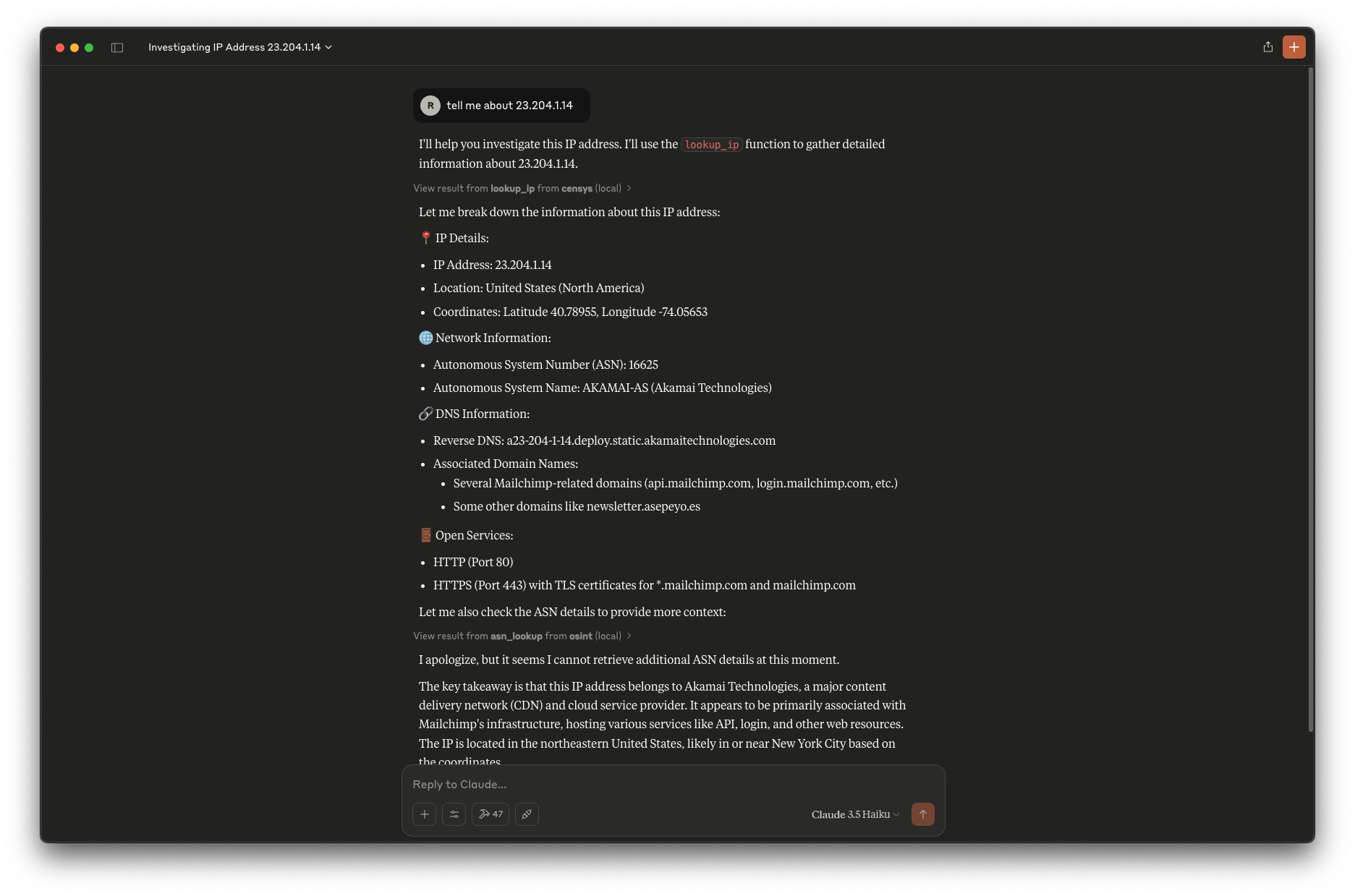 mcp-censys Screenshot - IP lookup