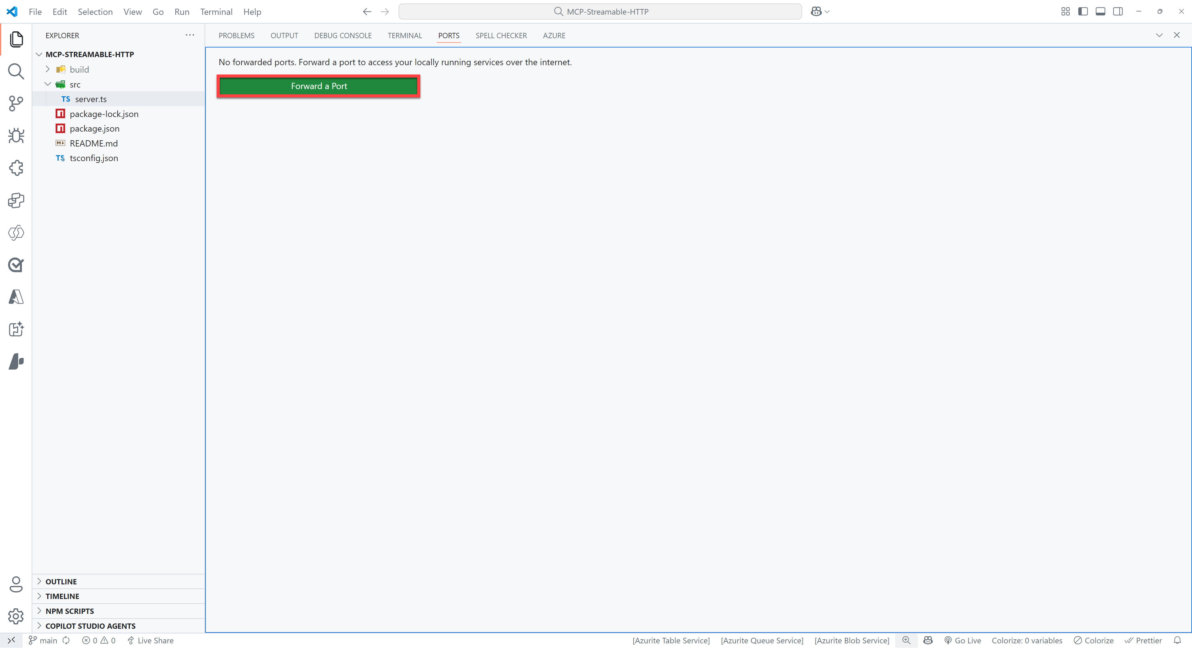 Image of VS Code where the PORTS tab is open and the green `Forward a Port` button is highlighted